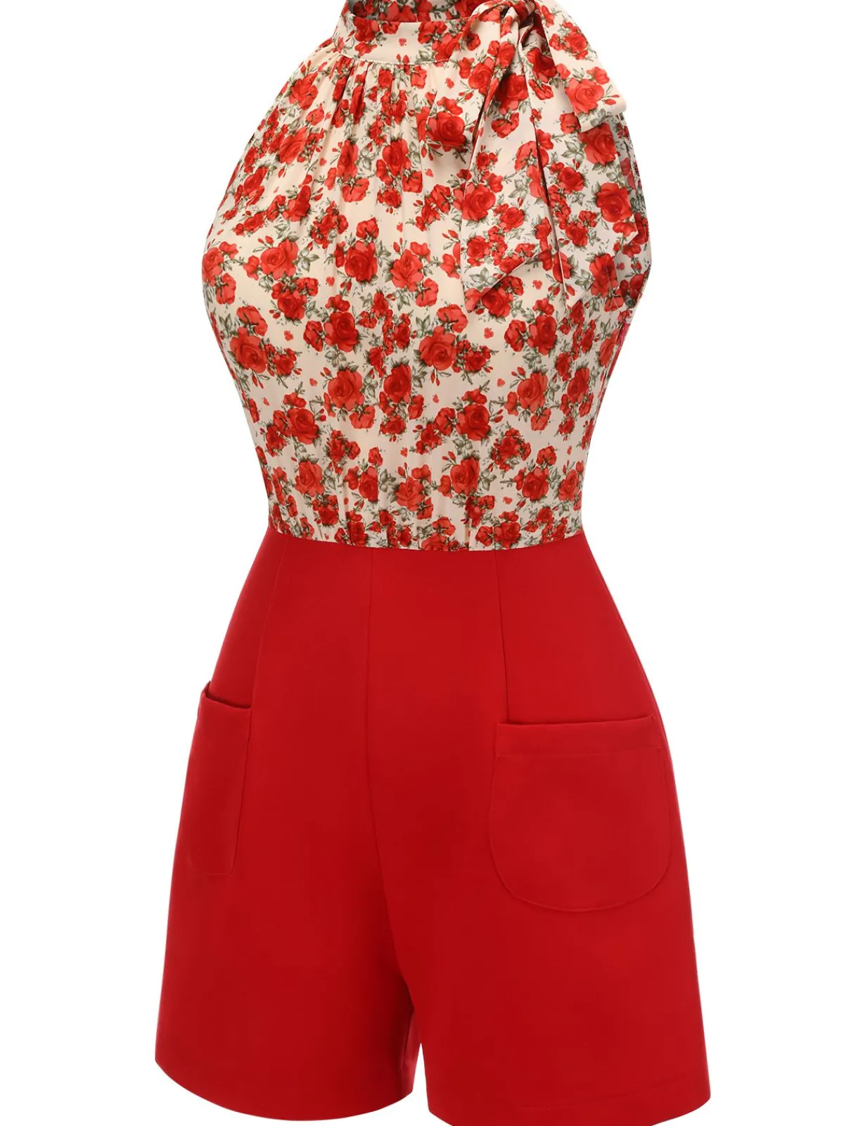 Best Retro Stage 1950s Rose Lace Up Patchwork Romper Deep Red
