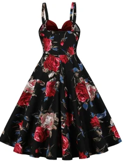 Sale Retro Stage 1950s Rose Strap Patchwork Dress Deep Red