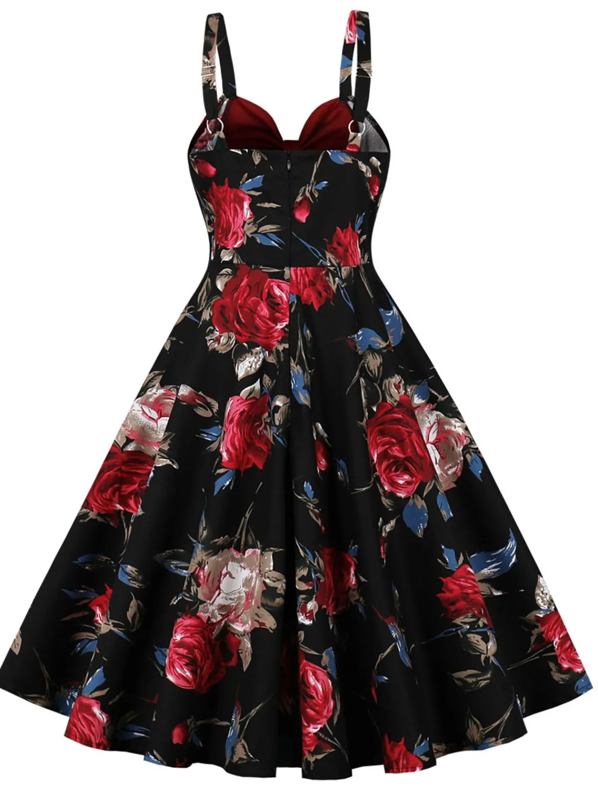 Sale Retro Stage 1950s Rose Strap Patchwork Dress Deep Red