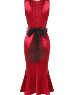 Hot Retro Stage 1930s Solid Bow Decor Fishtail Dress Deep Red