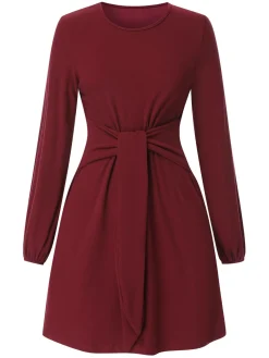 Discount Retro Stage 1960s Solid Tie Waist Dress Deep Red