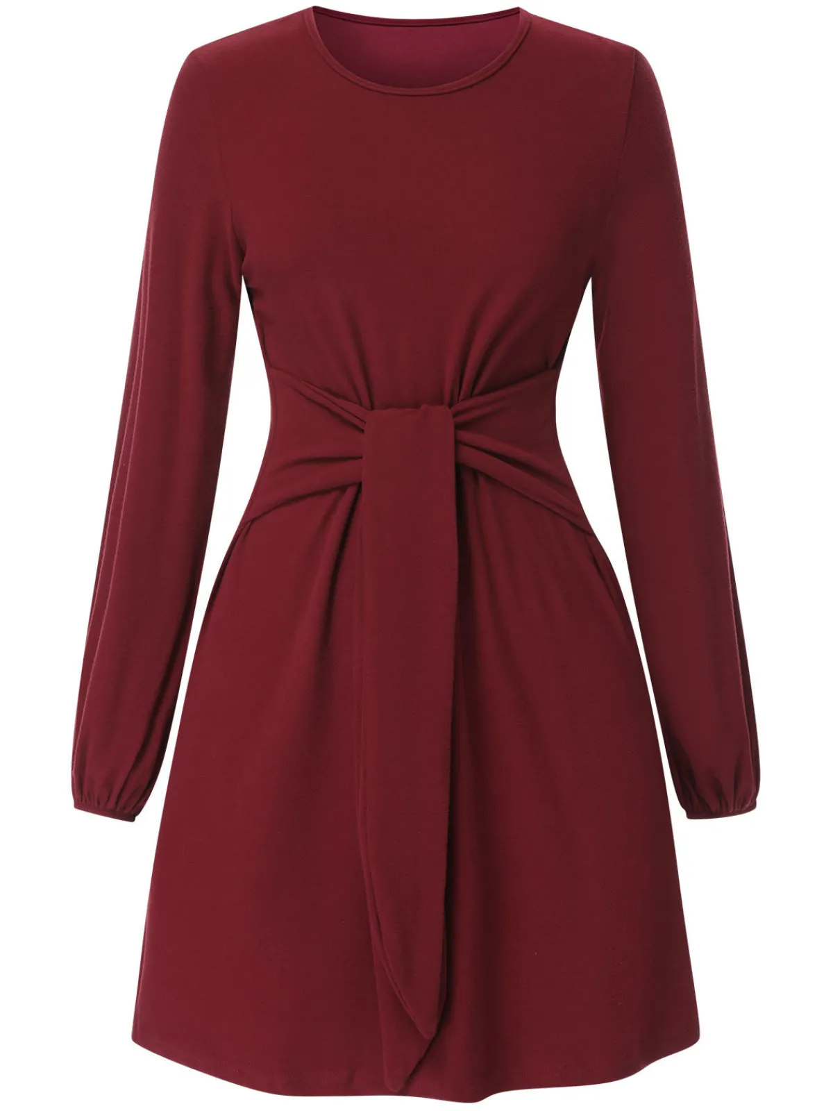 Discount Retro Stage 1960s Solid Tie Waist Dress Deep Red