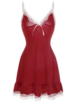 Online Retro Stage 1970s Spaghetti Straps Lace Nightgown Deep Red
