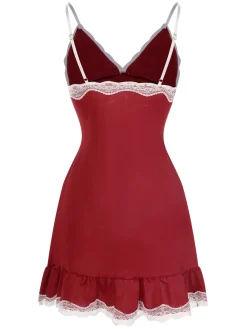 Online Retro Stage 1970s Spaghetti Straps Lace Nightgown Deep Red