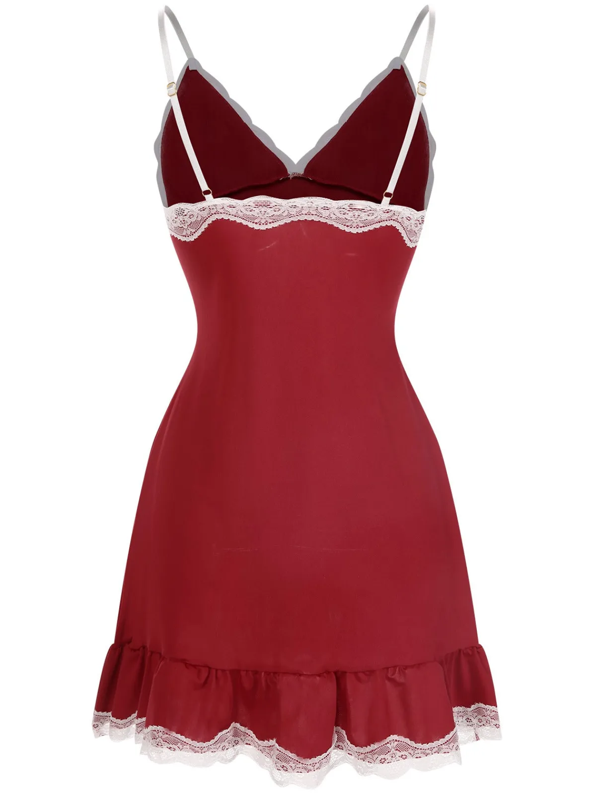 Online Retro Stage 1970s Spaghetti Straps Lace Nightgown Deep Red