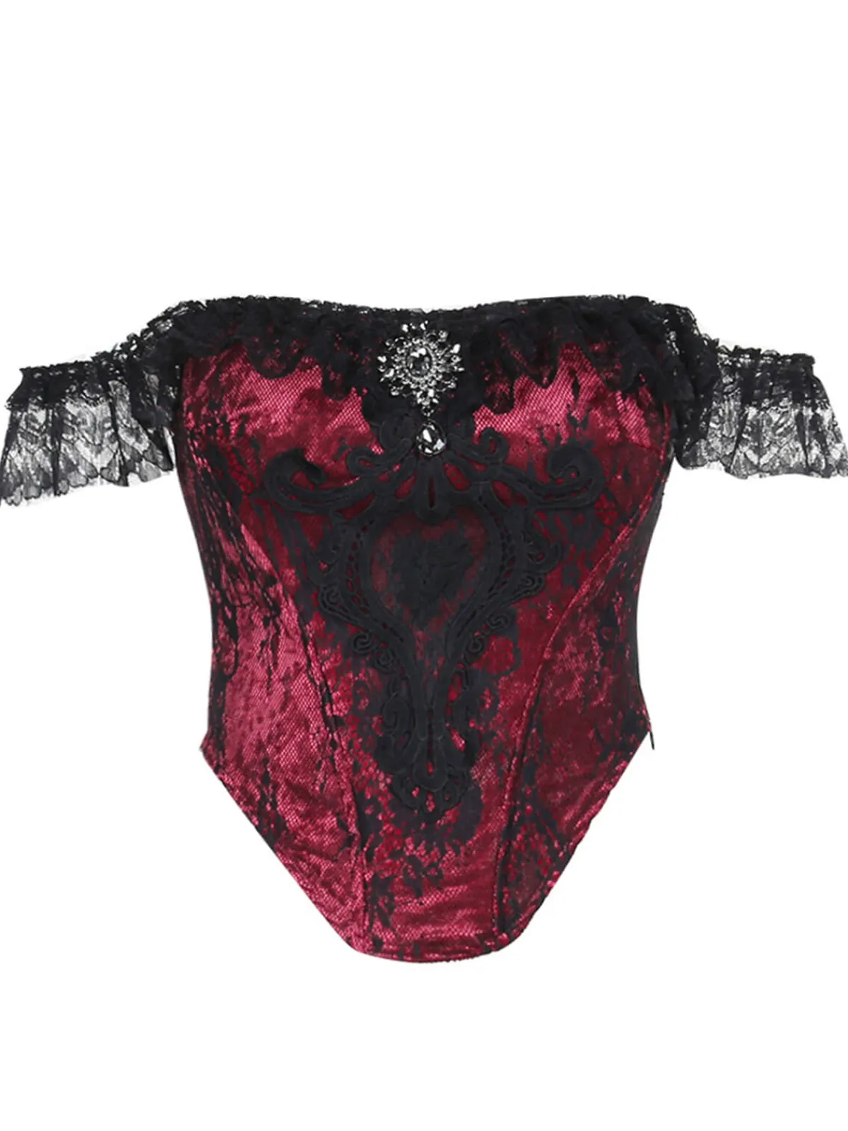 New Retro Stage 1970s Steampunk Lace Off-Shoulder Top Deep Red