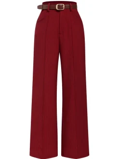 Hot Retro Stage 1950s Stripes Wide Leg Belted Pants Deep Red
