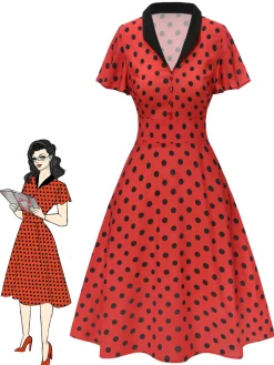 Discount Retro Stage 1950s V-Neck Polka Dots Lapel Dress Deep Red