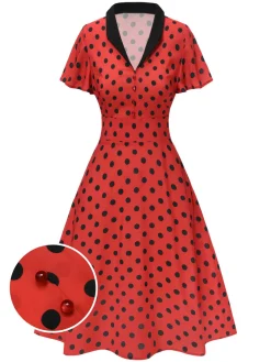 Discount Retro Stage 1950s V-Neck Polka Dots Lapel Dress Deep Red