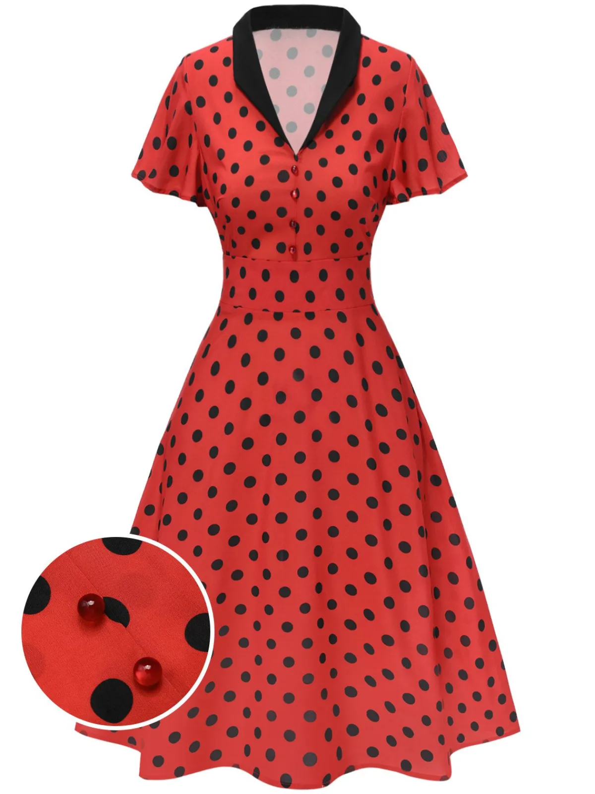 Discount Retro Stage 1950s V-Neck Polka Dots Lapel Dress Deep Red