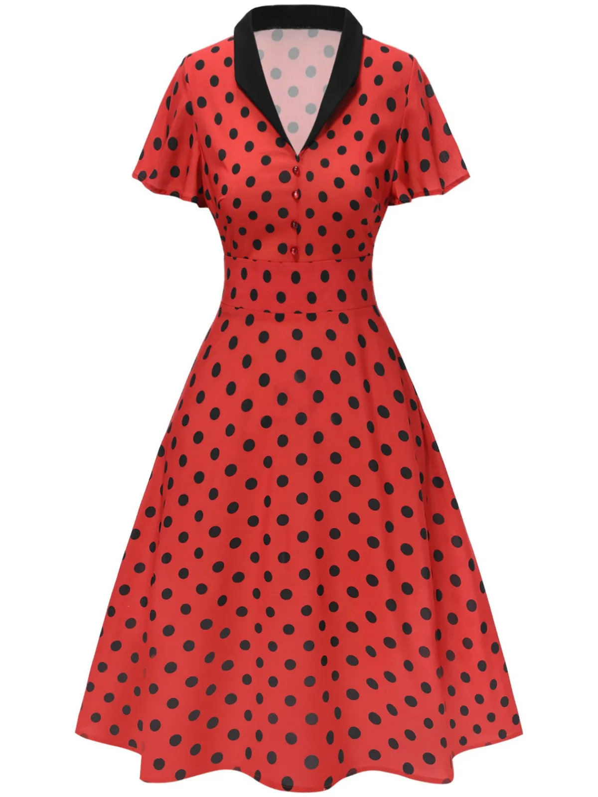 Discount Retro Stage 1950s V-Neck Polka Dots Lapel Dress Deep Red