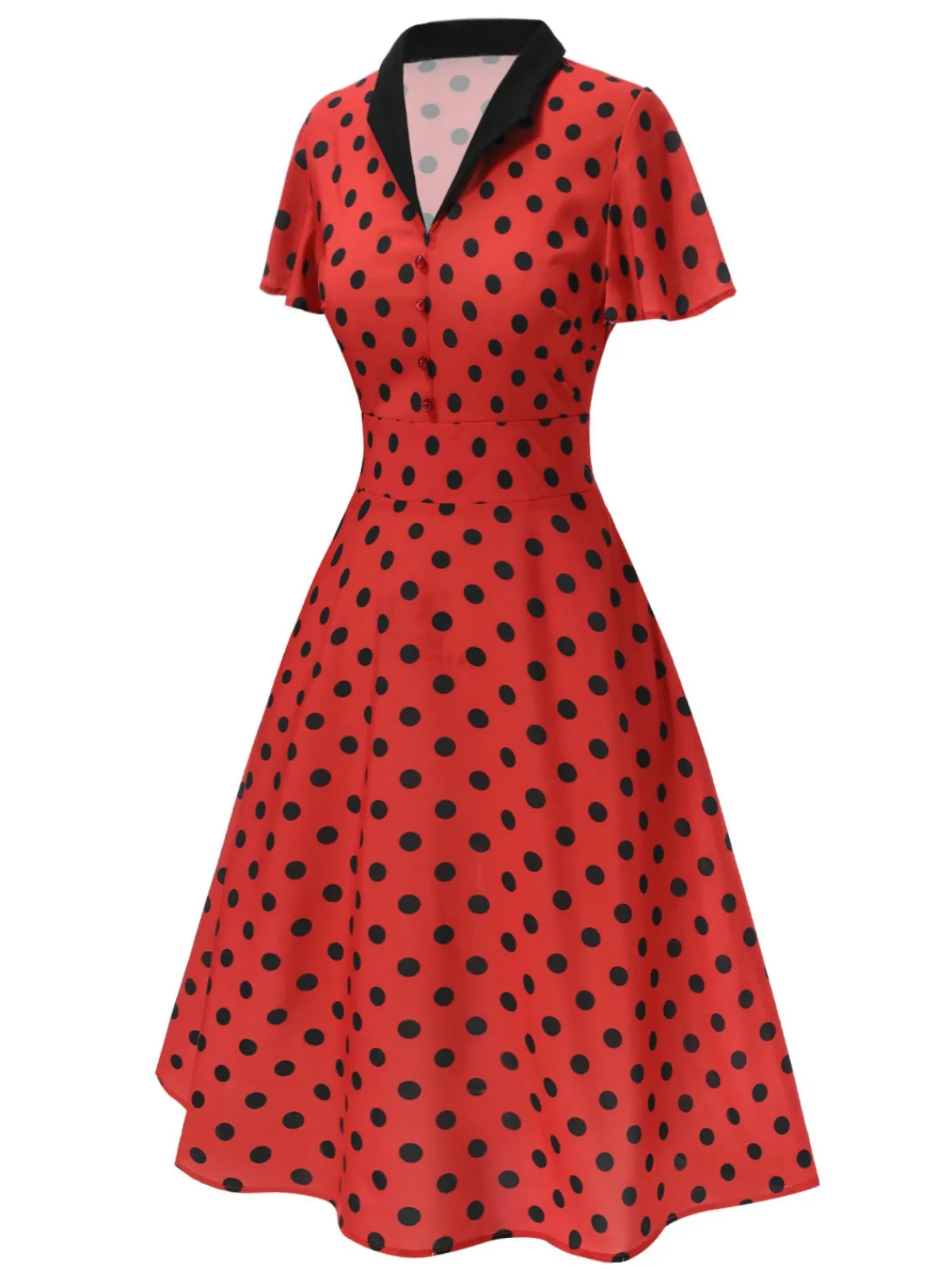Discount Retro Stage 1950s V-Neck Polka Dots Lapel Dress Deep Red