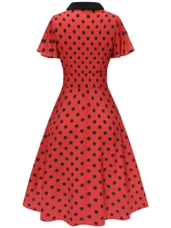 Discount Retro Stage 1950s V-Neck Polka Dots Lapel Dress Deep Red