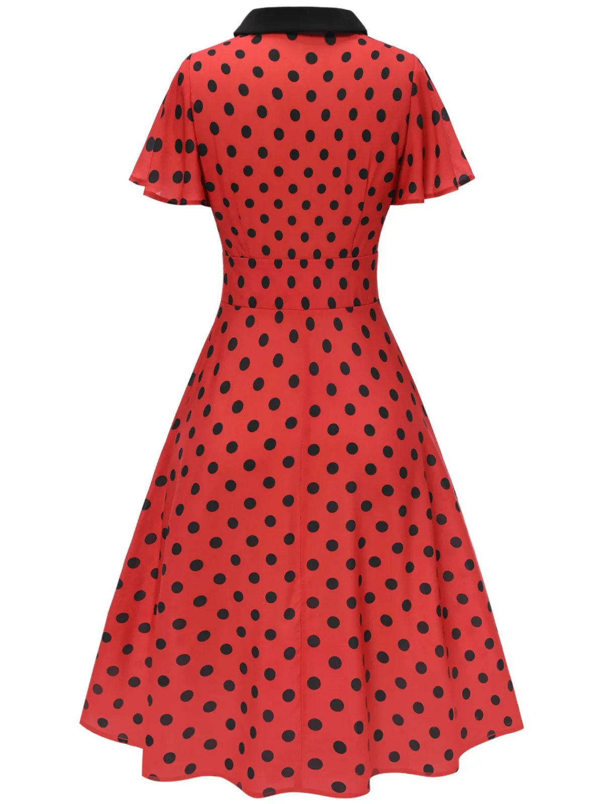 Discount Retro Stage 1950s V-Neck Polka Dots Lapel Dress Deep Red