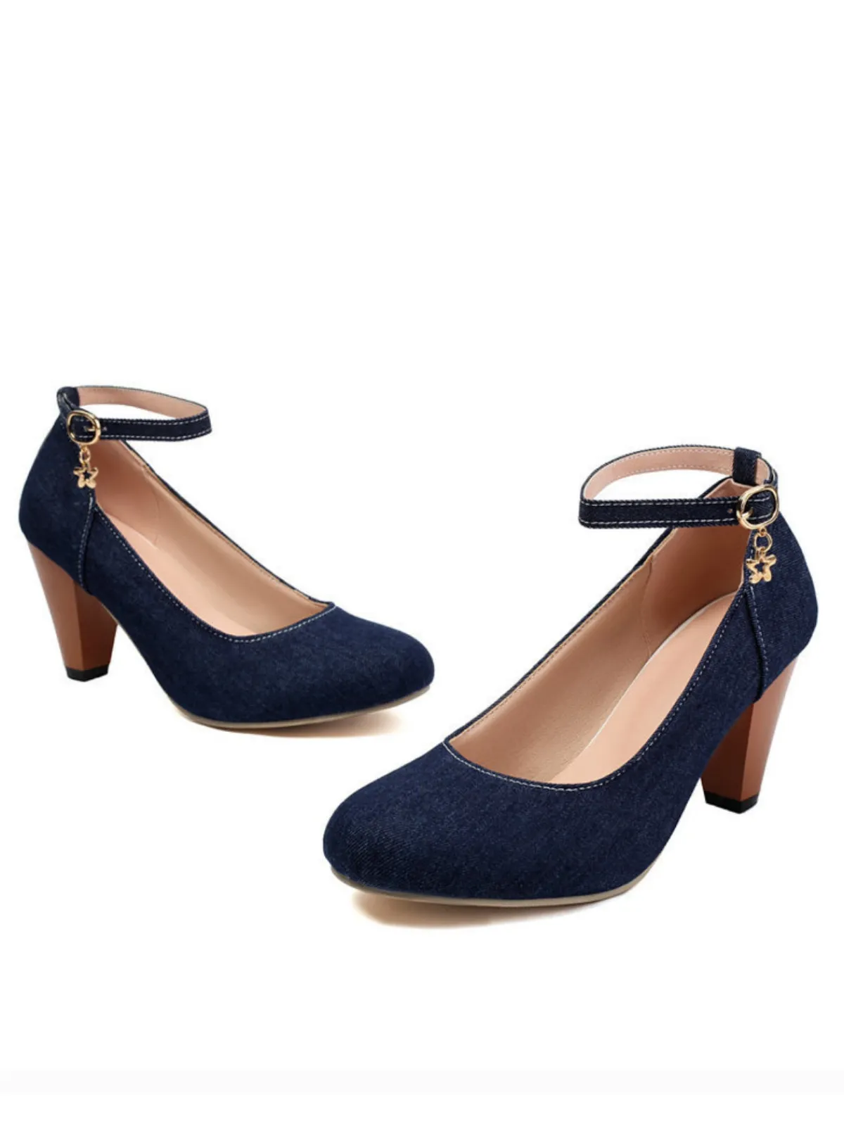 New Retro Stage Denim Buckle Mary Janes Chunky Heels