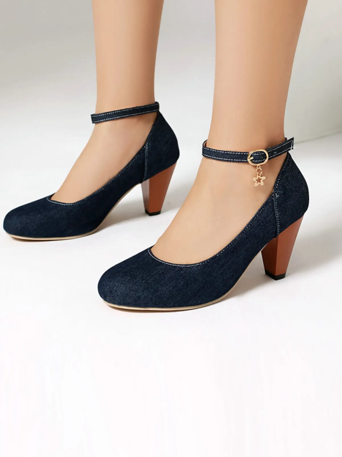 New Retro Stage Denim Buckle Mary Janes Chunky Heels
