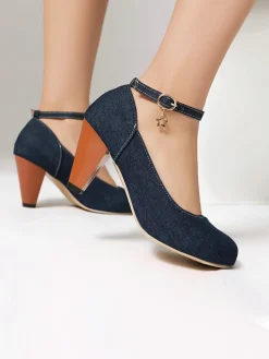 New Retro Stage Denim Buckle Mary Janes Chunky Heels