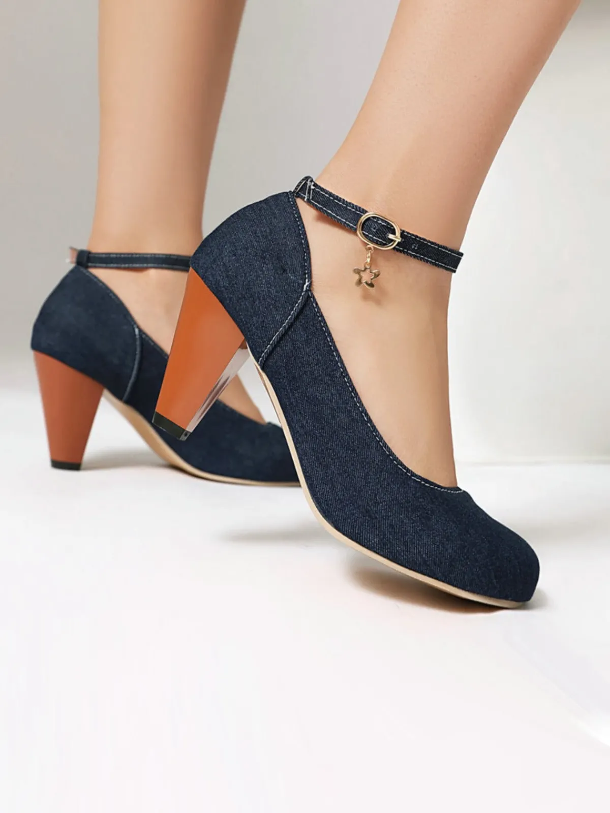 New Retro Stage Denim Buckle Mary Janes Chunky Heels