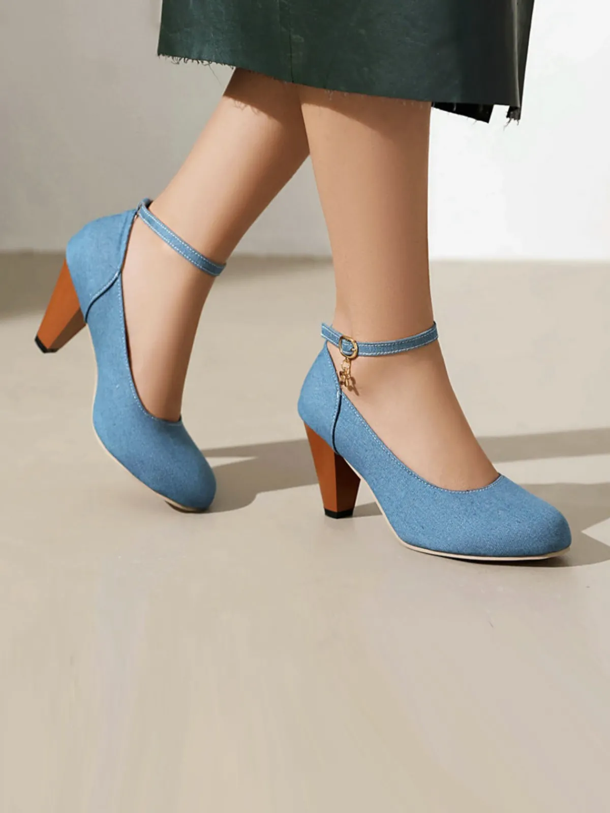 New Retro Stage Denim Buckle Mary Janes Chunky Heels