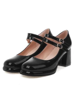 Online Retro Stage Double Buckles Mary Jane Heels Shoes