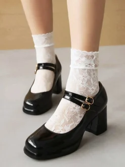 Online Retro Stage Double Buckles Mary Jane Heels Shoes