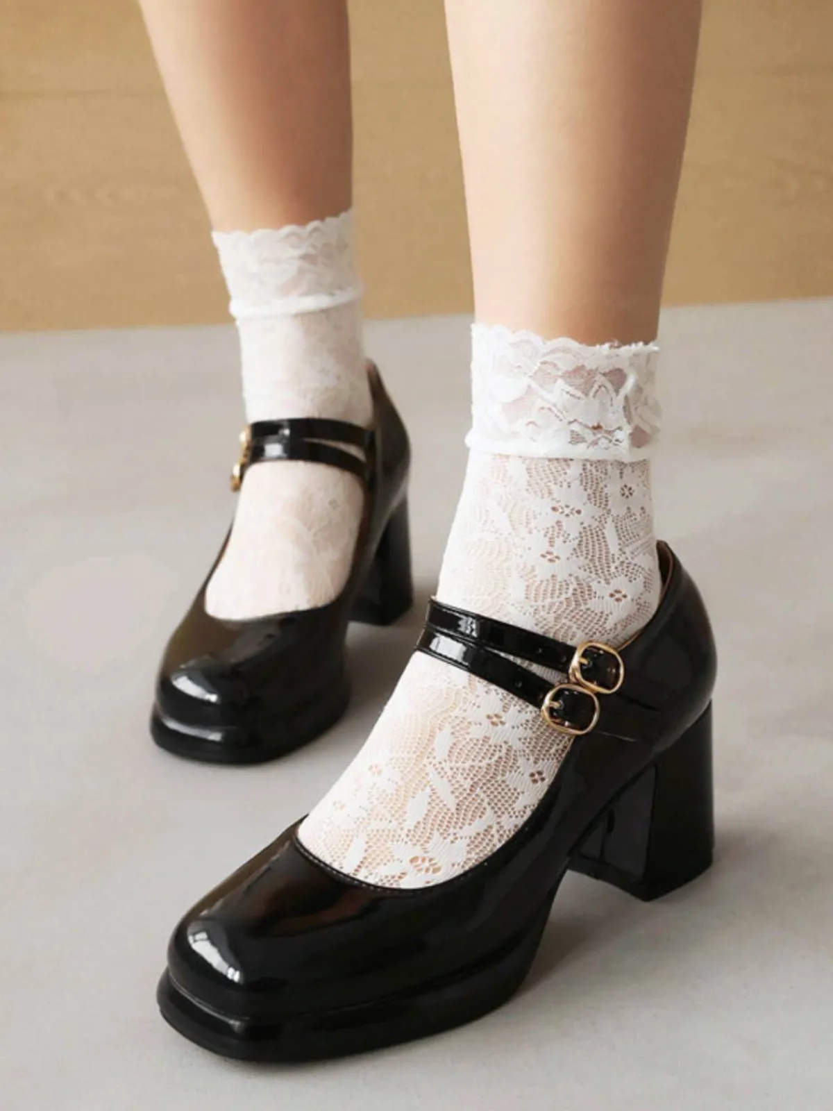 Online Retro Stage Double Buckles Mary Jane Heels Shoes