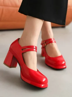 Online Retro Stage Double Buckles Mary Jane Heels Shoes