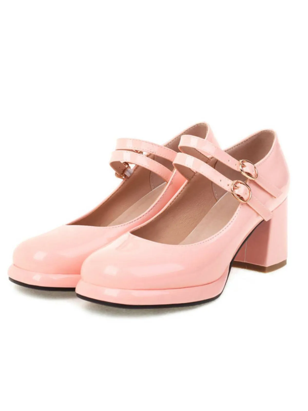 Online Retro Stage Double Buckles Mary Jane Heels Shoes