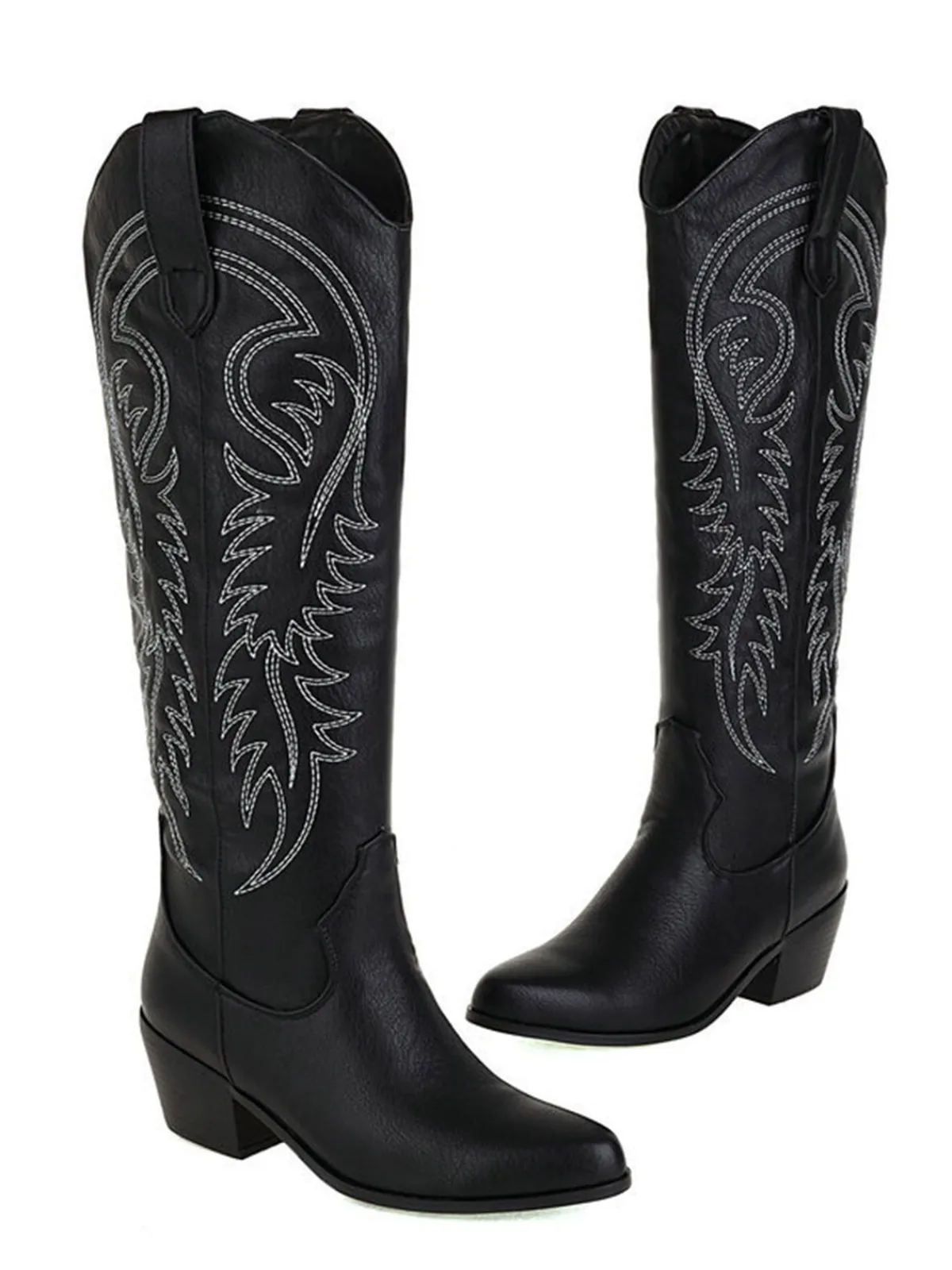 Online Retro Stage Embroidered Chunky Heel Mid-Calf Cowboy Boots