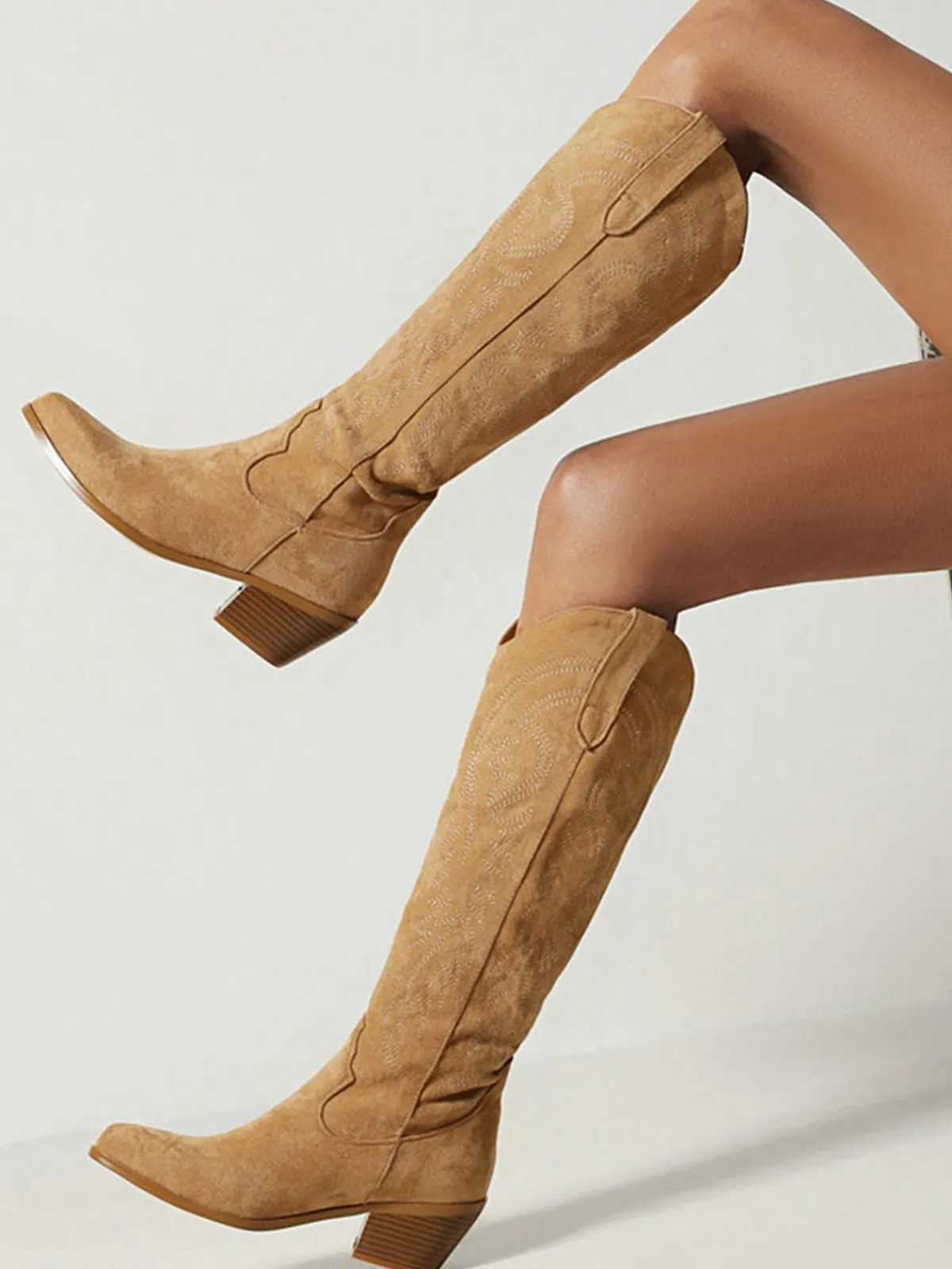 Online Retro Stage Embroidered Chunky Heel Mid-Calf Cowboy Boots