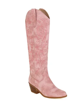 Online Retro Stage Embroidered Chunky Heel Mid-Calf Cowboy Boots
