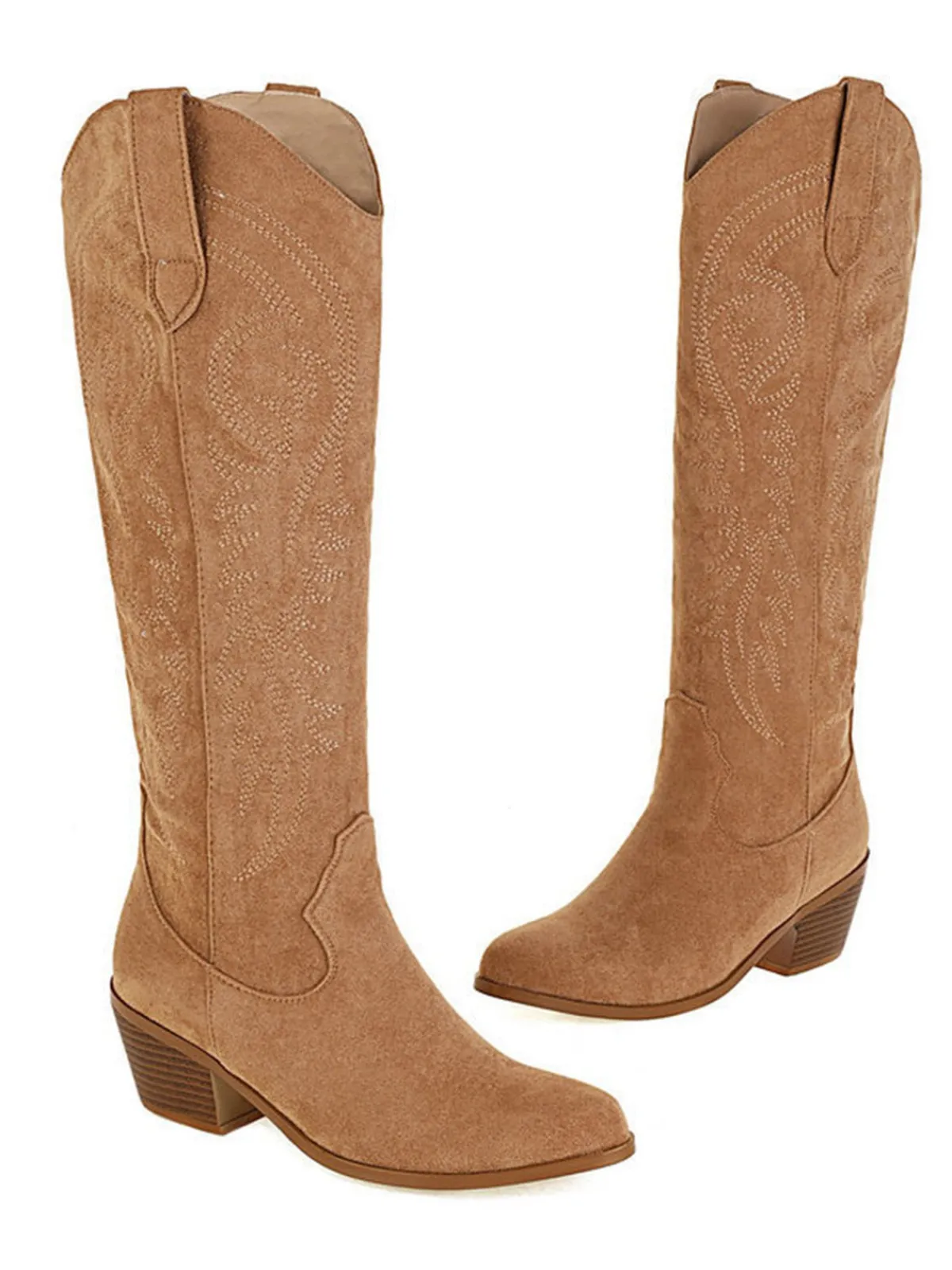 Online Retro Stage Embroidered Chunky Heel Mid-Calf Cowboy Boots