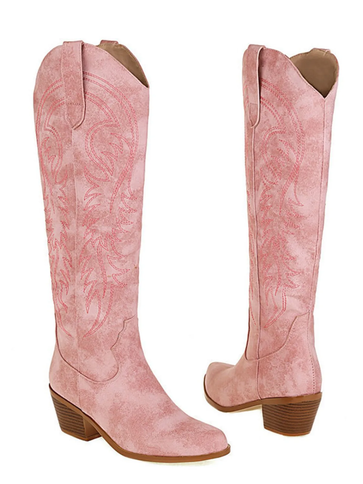 Online Retro Stage Embroidered Chunky Heel Mid-Calf Cowboy Boots
