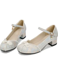 Clearance Retro Stage Floral Jacquard Pearl Mary Jane High Heels