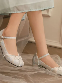 Clearance Retro Stage Floral Jacquard Pearl Mary Jane High Heels