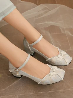 Clearance Retro Stage Floral Jacquard Pearl Mary Jane High Heels