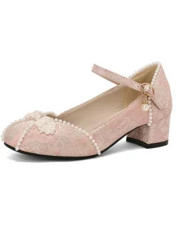 Clearance Retro Stage Floral Jacquard Pearl Mary Jane High Heels