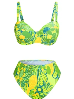 Hot Retro Stage Fluorescent 1980s Floral Bikini Set Green