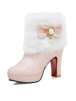 Discount Retro Stage Fur Bow Pointed High Heels Boots