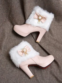 Discount Retro Stage Fur Bow Pointed High Heels Boots