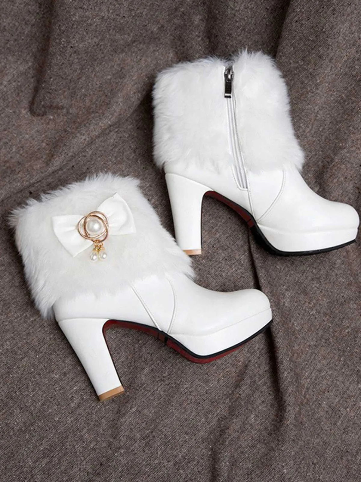 Discount Retro Stage Fur Bow Pointed High Heels Boots