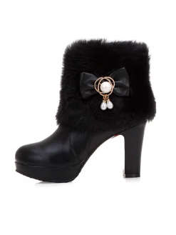 Discount Retro Stage Fur Bow Pointed High Heels Boots