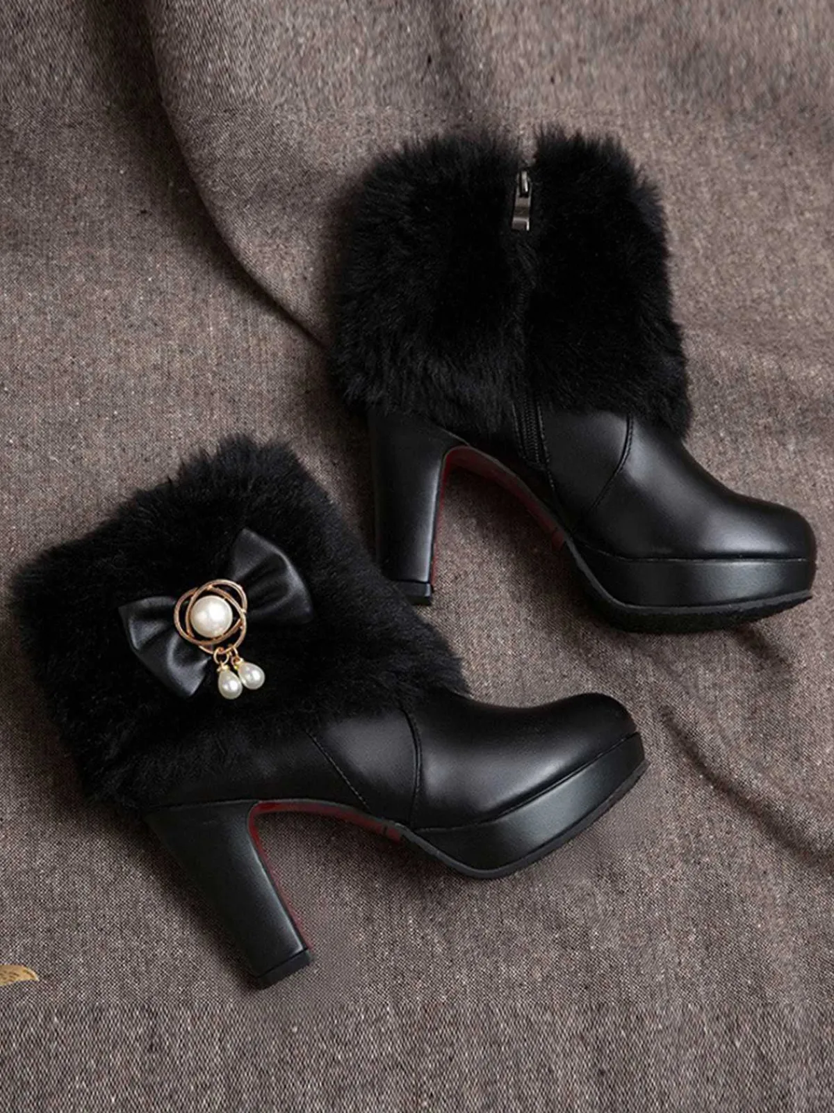 Discount Retro Stage Fur Bow Pointed High Heels Boots