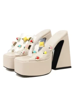 Sale Retro Stage Gem Studded Transparent Chunky Heel Shoes