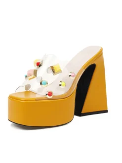 Sale Retro Stage Gem Studded Transparent Chunky Heel Shoes