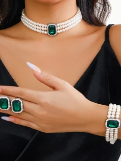 Discount Retro Stage Gemstone Pearl Necklace & Bracelet & Earrings Set