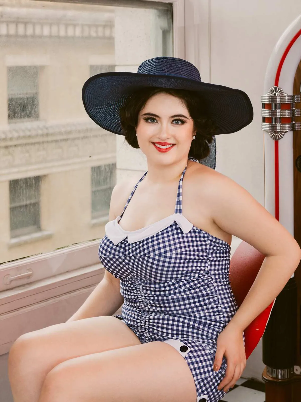 Discount Retro Stage Gingham Halter Bowknot One-piece Swimsuit