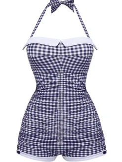 Online Retro Stage Gingham 1950s Halter Bowknot One-piece Swimsuit