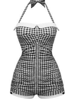 Discount Retro Stage Gingham 1950s Halter Bowknot One-piece Swimsuit