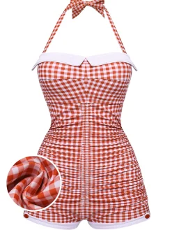 Online Retro Stage Gingham 1950s Halter Bowknot One-piece Swimsuit